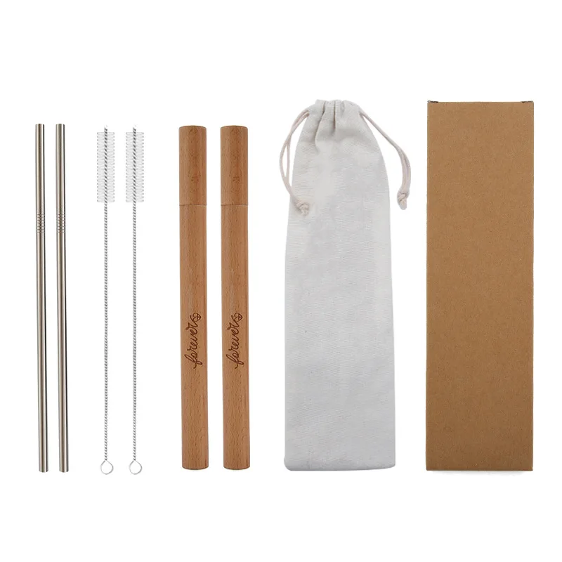 

304 Stainless Steel Reusable Drinking Straws 1set 2pcs Wooden Box Metal Straw with Cleaner Brush Outdoor Travel Bar Accessories