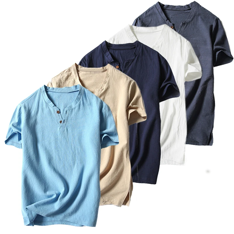 

5XL Casual Solid Short Sleeve Shirts Cotton Linen Button V Neck Breathable Soft Dress Shirts New Arrivals Classic Fashion Cloth