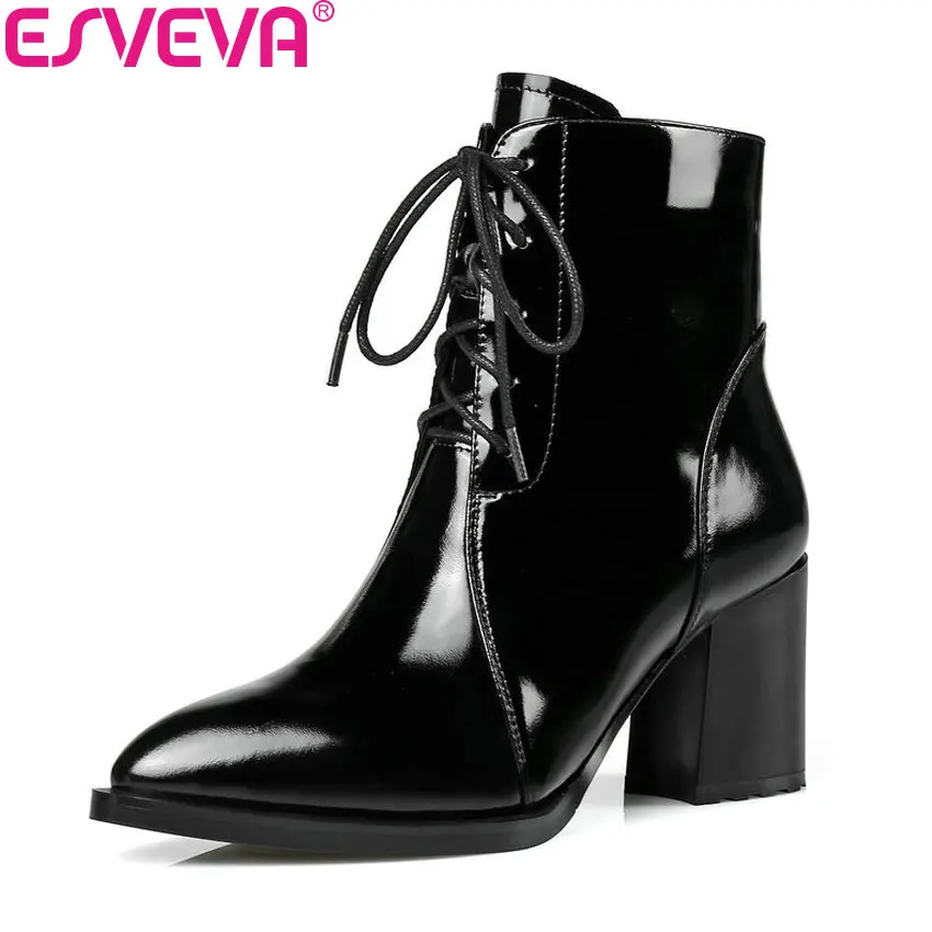 

ESVEVA 2019 Women Boots Cow Leather PU Zip Boots Square High Heels Pointed Toe Ankle Boots Western Style Ladies Boots Size 34-42