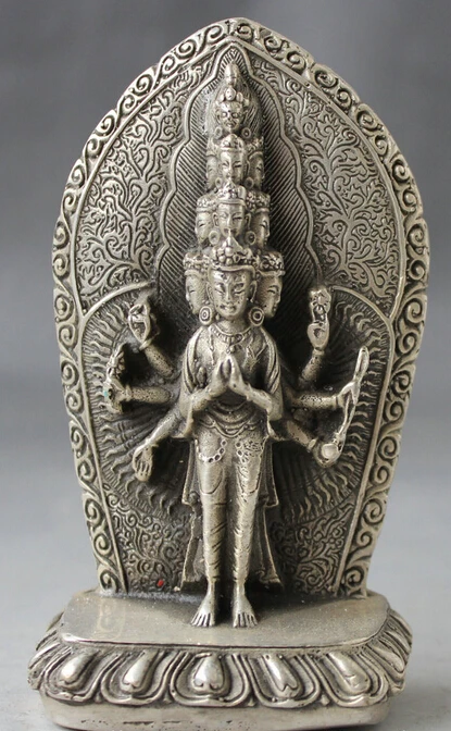 

5" Tibetan Buddhism Silver Stand 1000 Arms Avalokiteshvara of Goddess Statue S0705