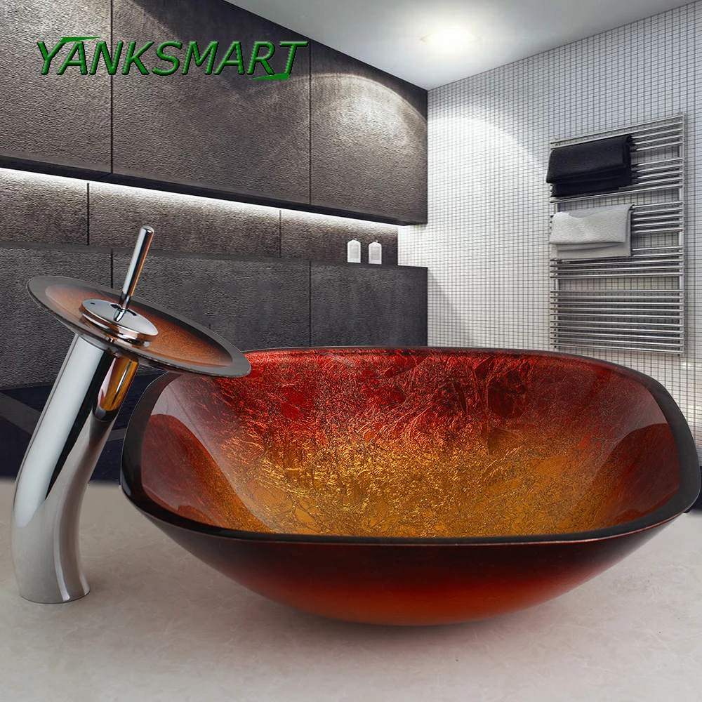 

YANKSMART Bathroom Counter Top Hand Painted Tempered Glass Washbasin Sink Faucet Waterfall Square Gold Bath Set Faucet Mixer Tap