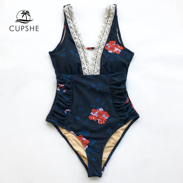 CUPSHE Navy Blue Flora Print Lace One piece Swimsuit Women V neck ...