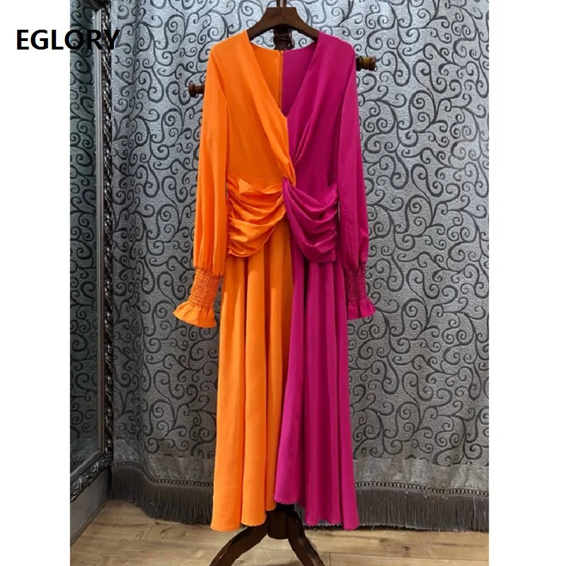 

High Quality Women Long Dress Runway Style 2019 Spring Fashion Ladies Sexy V-Neck Color Block Patchwork Long Party Maxi Dress