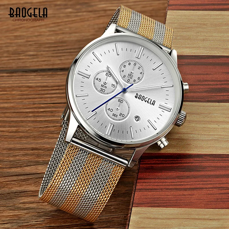 BAOGELA сетка Группа Сталь наручные часы для Для мужчин Chronograph Classic секундомер