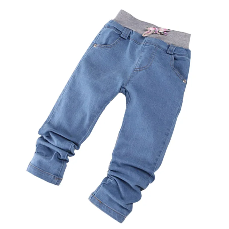 Джинсовые штаны с бантом для девочек Детские хлопковые джинсовые брюки леггинсы с эластичной резинкой на талии для девочек весна-осень - Цвет: Синий