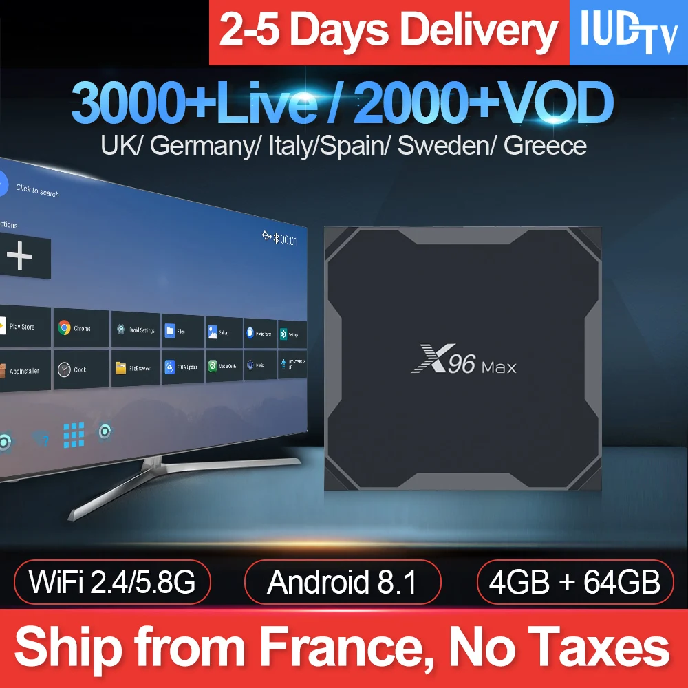 

Iptv Subscription Italy X96 MAX Android 8.1 Tv Box BT4.0 4GB 64GB S905X2 With IUDTV IPTV UK Arabic German Spain Sweden Greek VOD