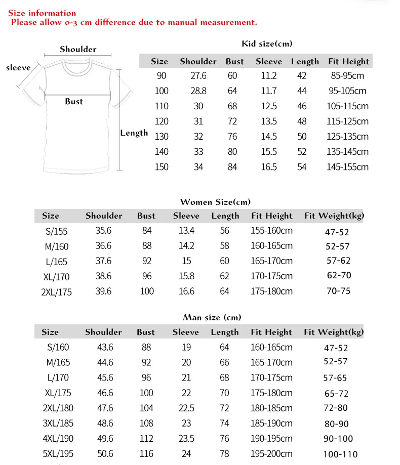 family t shirt size chart