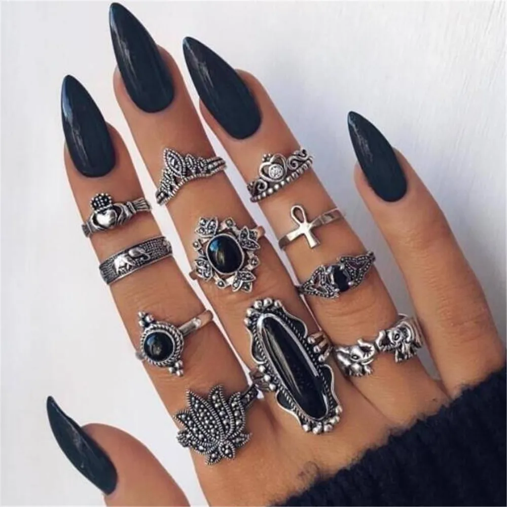 

YKNRBPH Geometric Alloy Ring Personality Black Artificial Gem Elephant Lotus Crown Cross Fashion Weddings Rings 11 Piece/set