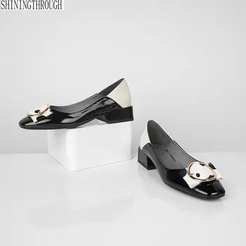 

Genuine leather low heels Women Pumps square Heels buckle Party Wedding office Lady shoes large size 43 Zapatos Mujer