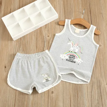 

Summer children's wear wholesale cartoon rainbow pony print children's suit striped vest shorts two piece