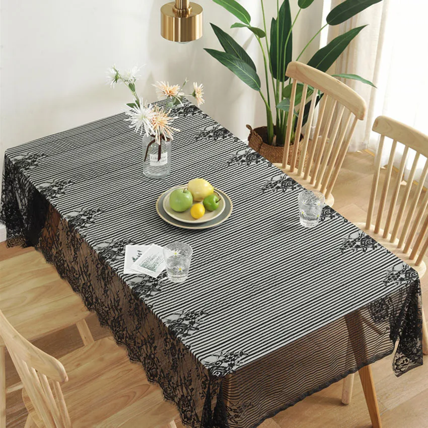 

American Village Eyelash Lace Tablecloth Black White Dining Table Cloth Napkin Coffee Able Cover Rectangular Mantel Mesa