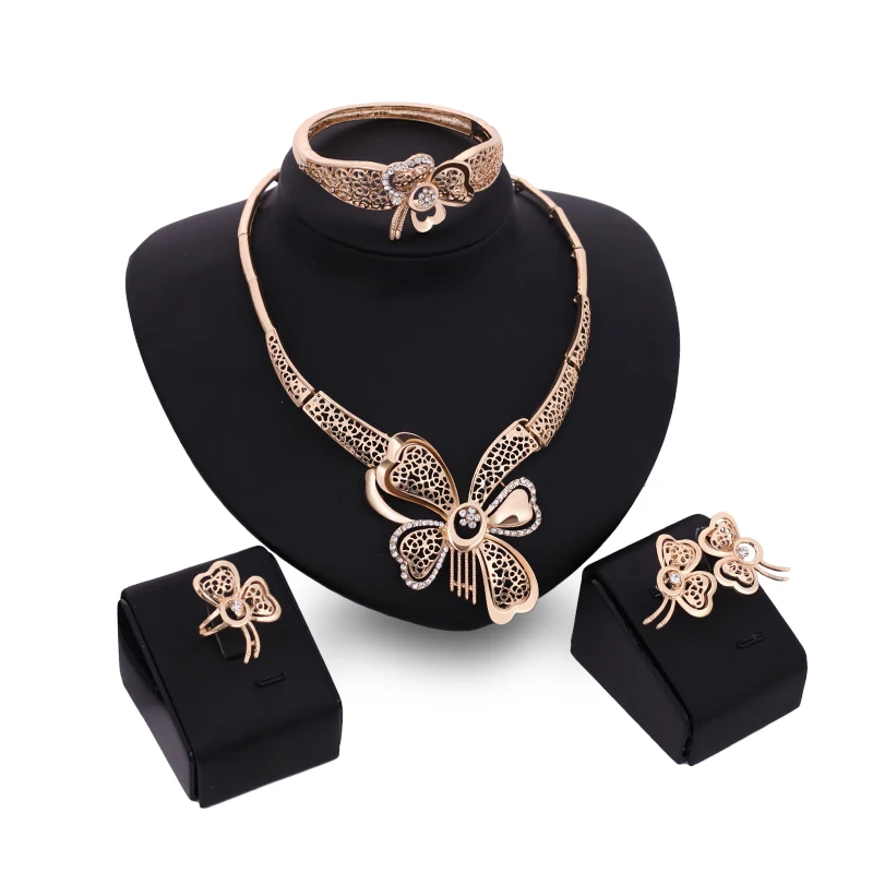 

Hollow Out Flower Gold Color Necklace Earrings Bangle and Ring for Women Dubai Bridal Jewelry sets