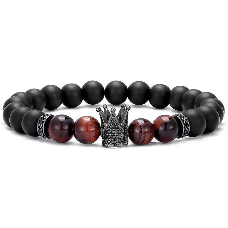 

Retro Men's Beaded Crown CZ Bracelet Jewelry Natural Stone Tiger Eye Charm Bracelet Women's Jewelry Holiday Gift