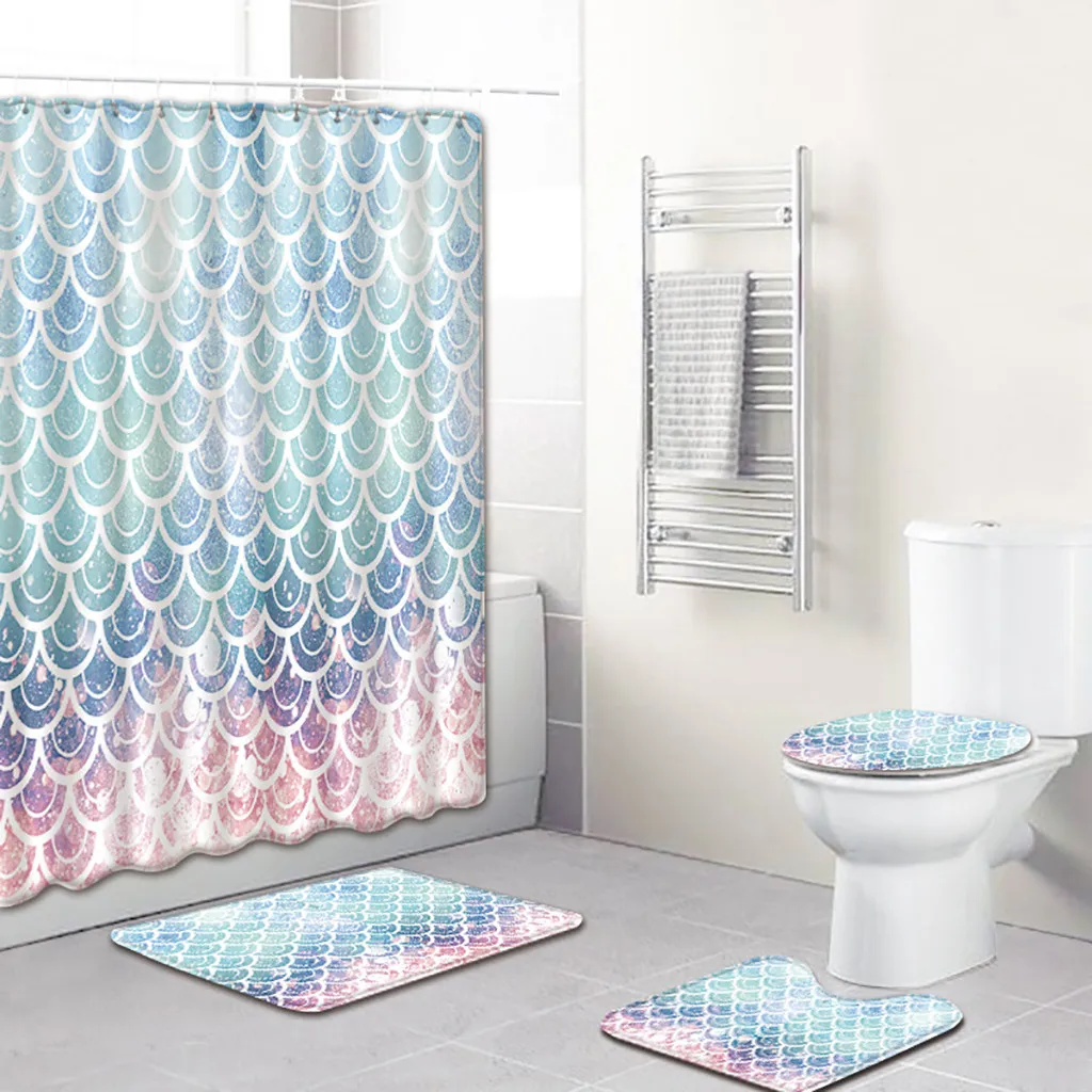 

4PCS Shower Curtain Set With Carpet Non Slip Toilet Polyester Cover Mat Set High Quality Bathroom Shower Curtain