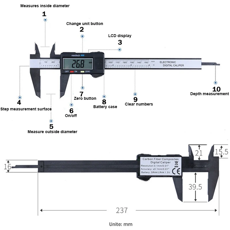 Antscope 0-150 мм электронный цифровой штангенциркуль 6 дюймов Пластиковый штангенциркуль из углеродного волокна цифровой штангенциркуль микрометр измерительный инструмент