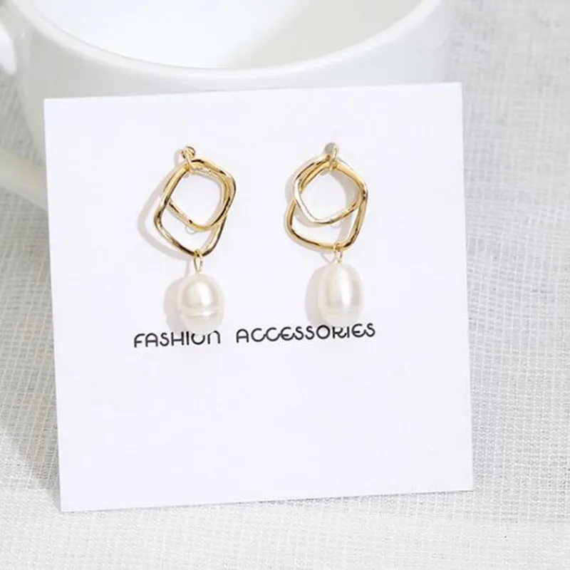 

Bovvsky Gold color Geometric Irregular Circle earrings Double Square Natural Freshwater Irregular Pearl Stud Earrings for Women