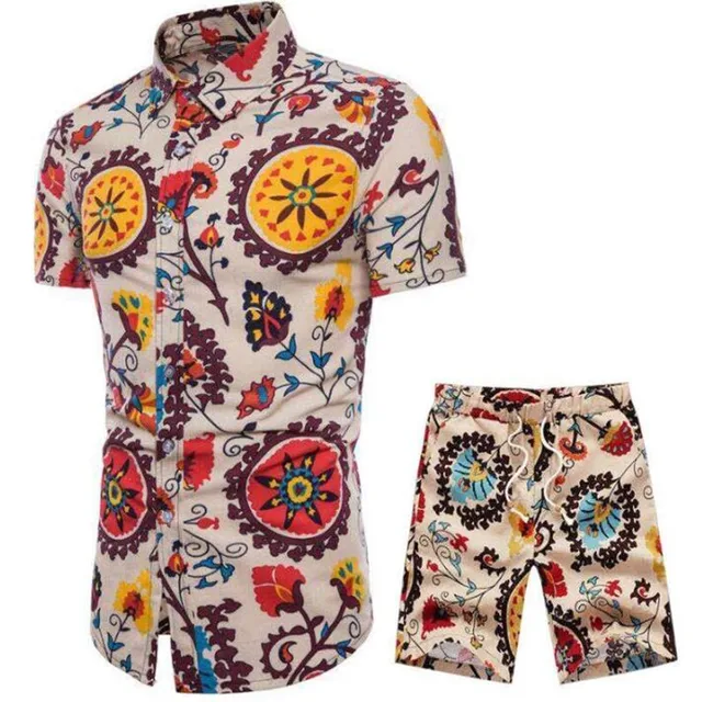 Men's belted shorts floral shirt set spring casual shirt belted shorts