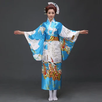 

Blue Traditional Japanese Women Kimono Yukata With Obi Sexy Party Dress Vintage Halloween Costume Dance Dress One Size JK073