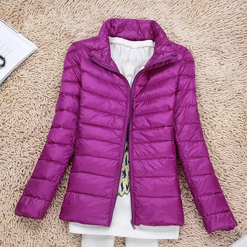 Женские осенние куртки размера плюс 5XL 6XL 7XL, женская тонкая верхняя одежда со стоячим воротником, легкие теплые женские повседневные пальто на 90% утином пуху - Цвет: Фиолетовый