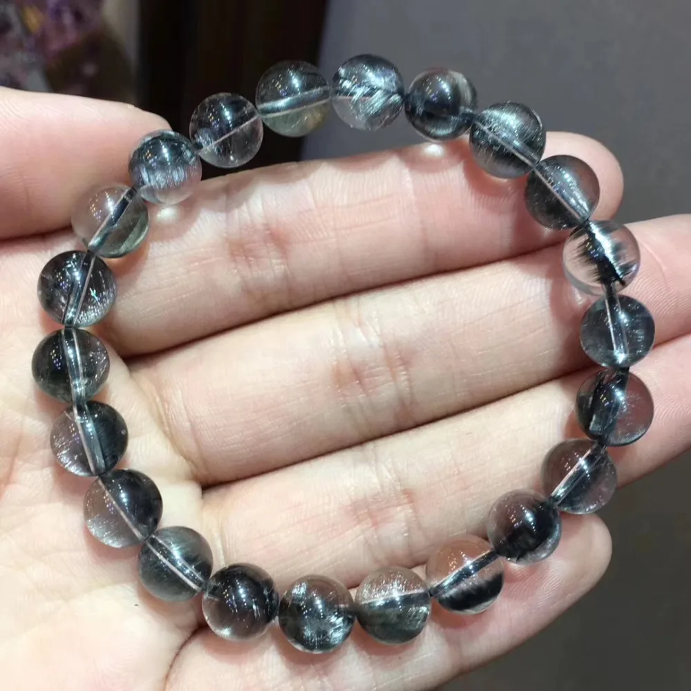 

8.8mm Genuine Natural Silver Rutilated Quartz Crystal Bracelet Brazil Round Beads Gemstone For Woman Lady Gift Bracelet Jewelry