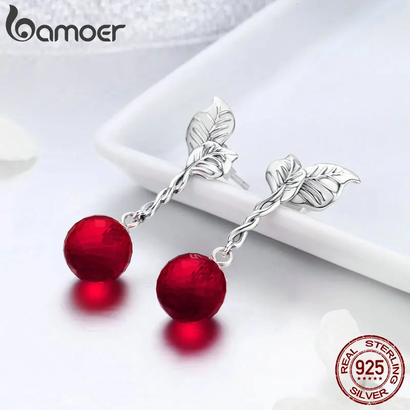 Ceny BAMOER Summer Collection 100% 925 srebro letnie owoce czerwone kryształowe kolczyki dla kobiet piękna srebrna biżuteria SCE356