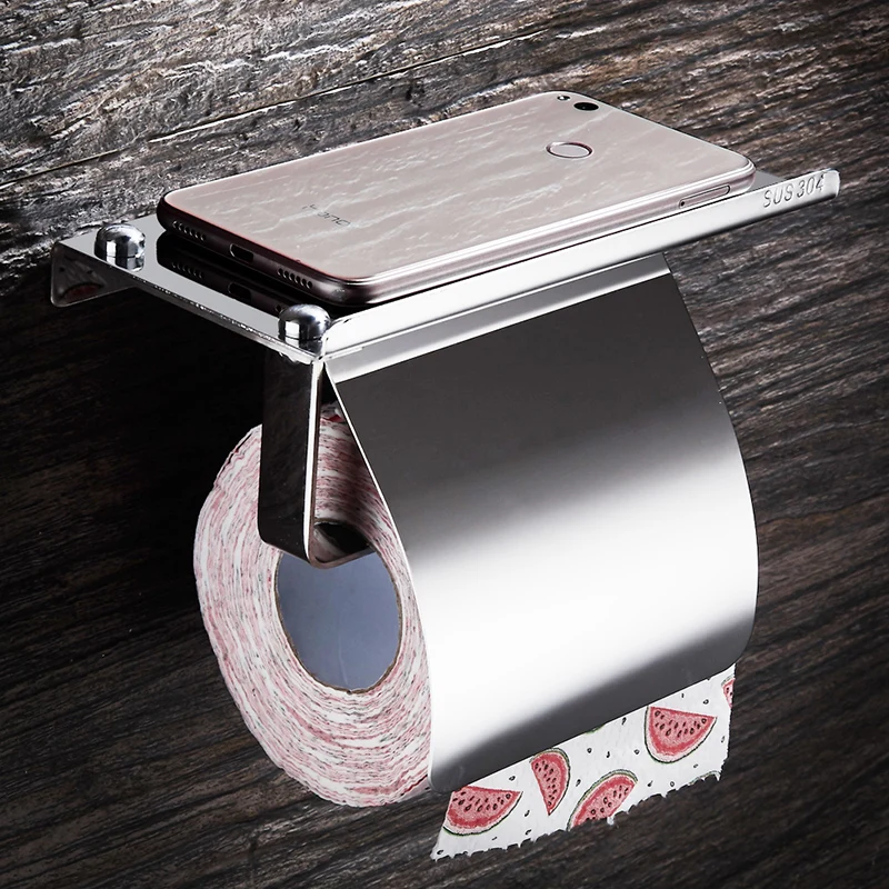 Paper Towel Holder Stainless Steel Toilet Paper Holder with Shelf Phone Storage Wall Mount Creative Bathroom Roll