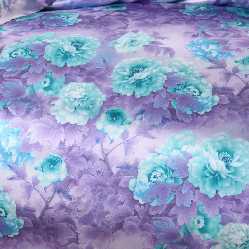 Satén de seda conjunto de sábanas edredón cubre colcha doble reina completa king size dormitorio decoración púrpura azul flor estilo chino - 4