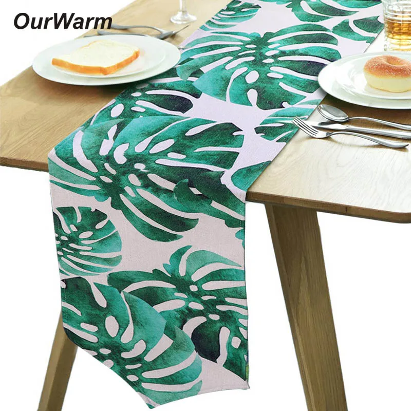 OurWarm 30*220cm Table Runner Green Leaf Tablecloth Cotton Linen Thick