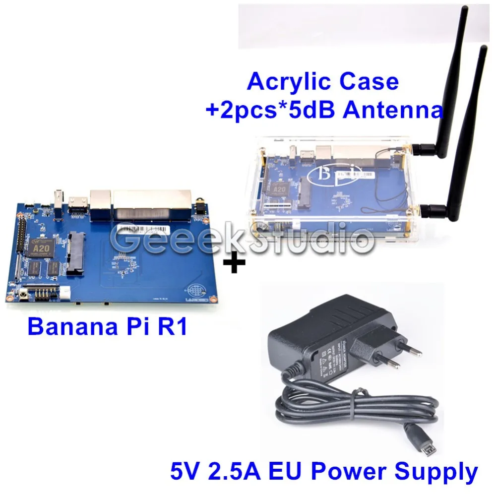 

Banana Pi R1 BPI-R1 Smart Home Open-Source Wireless Router + 5V 2.5 EU Power Supply + 2*5dB Antenna + Acrylic Case Enclosure