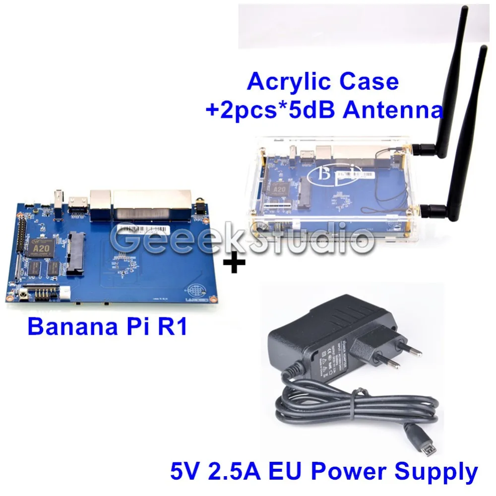 Банан Pi R1 BPI-R1 умный дом с открытым исходным кодом Беспроводной маршрутизатор + 5 В 2.5 ЕС Питание + 2 * 5dB антенна + акрил корпус