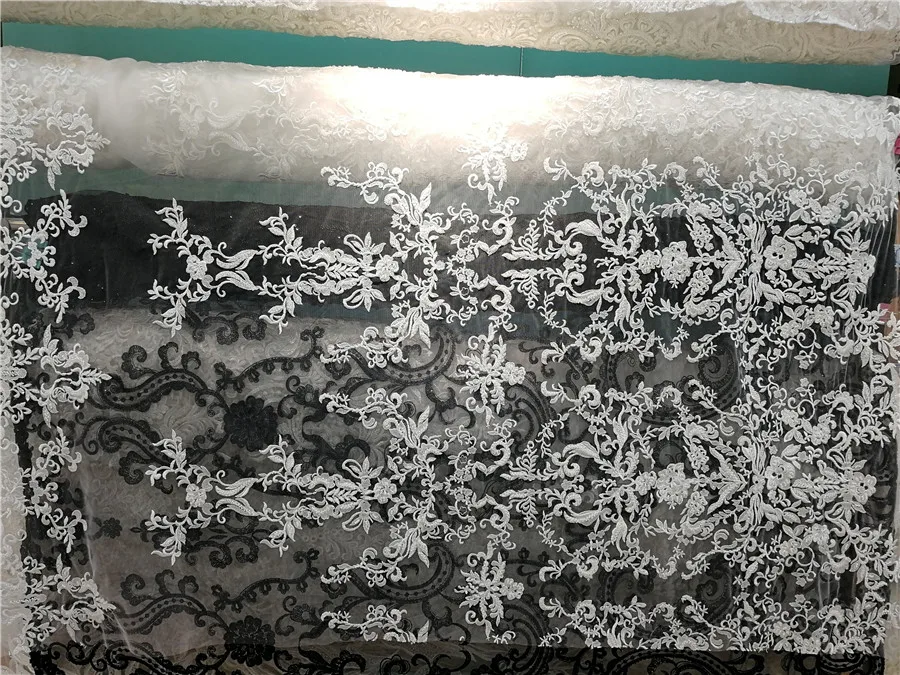 

Beaded french lace fabric 2018 high quality African tulle lace fabrics for wedding dress Nigerian lace fabrics 5 yards
