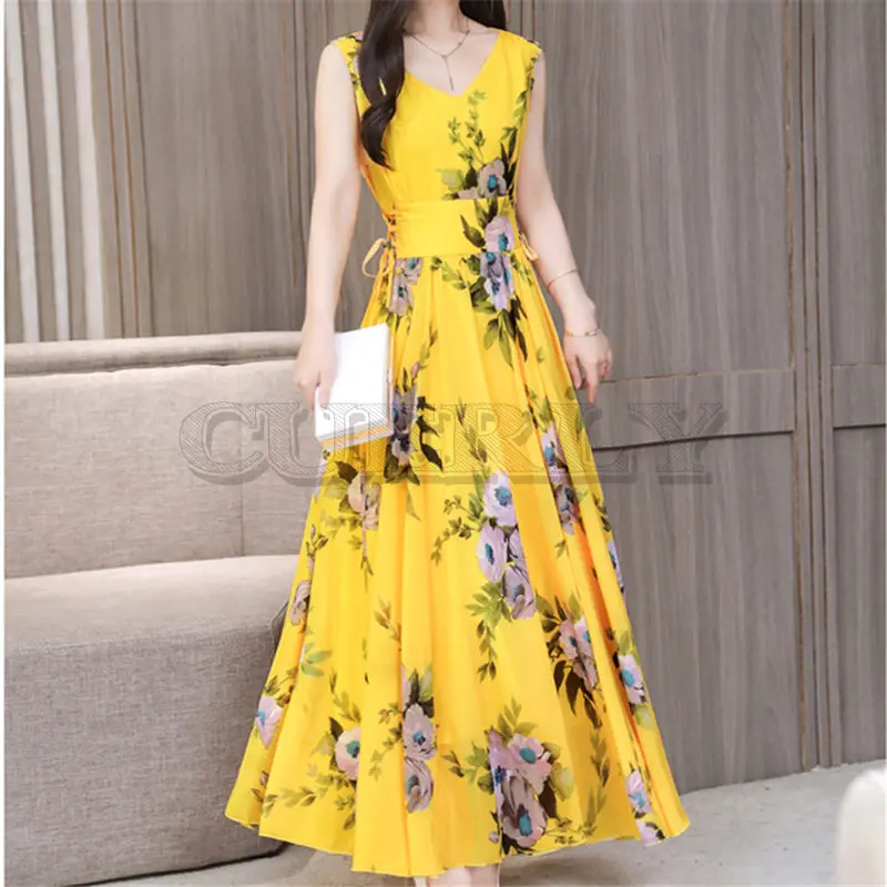 Image Fashion New Boho Yellow Chiffon Beach Dress Women 2019 Summer Retro Flower Print V Neck Tank Pleated Dresses CUERLY