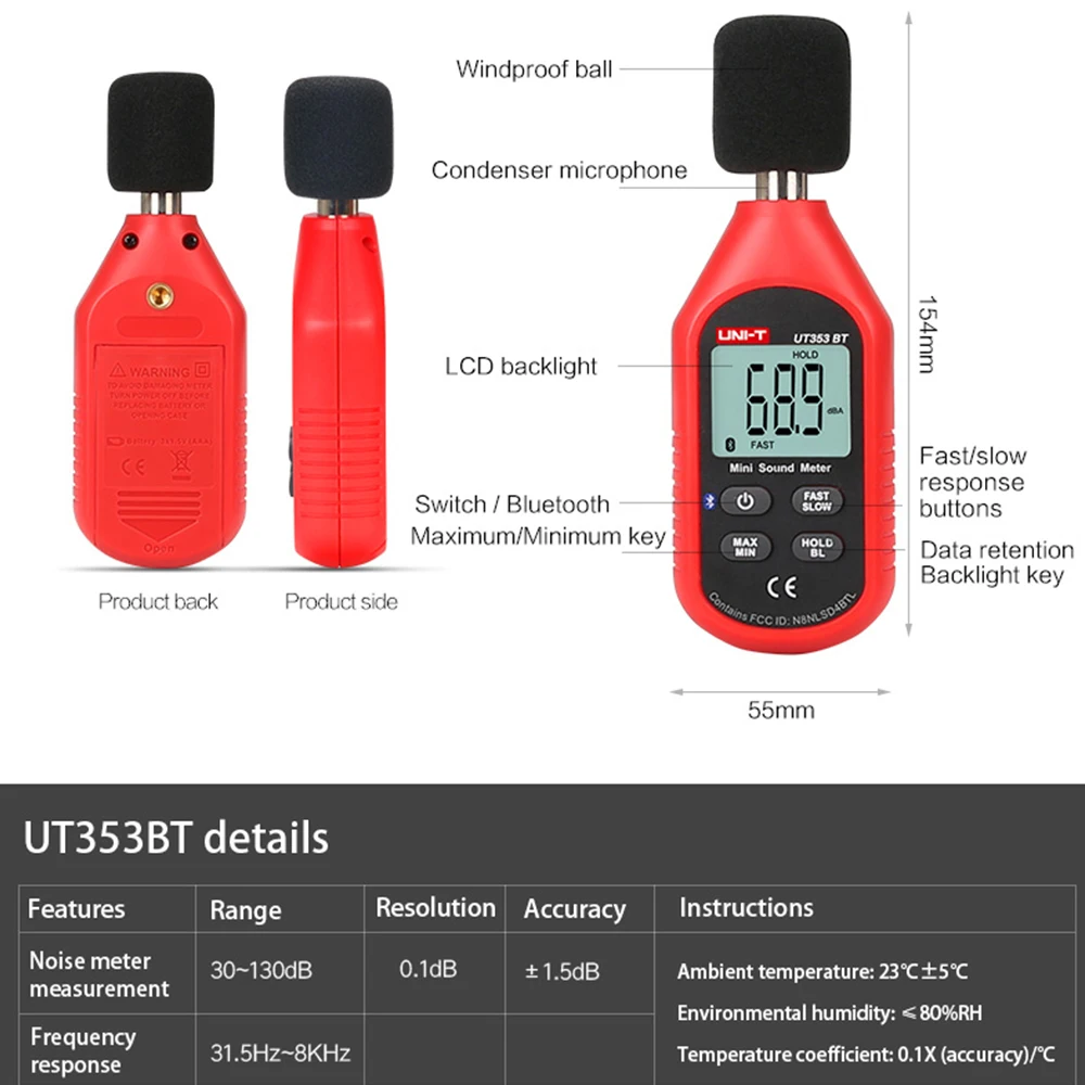 UNI-T UT353BT измеритель уровня звука цифровой Bluetooth измеритель уровня шума тестер ЖК-дисплей 30-130дб децибел мониторинг уровня звука