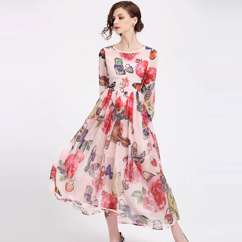 Women Summer Pleated Dress 2018 O Neck Long Sleeve Casual Ankle Length