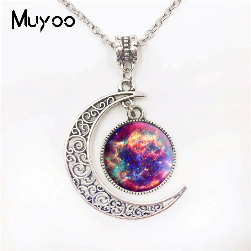 

Silver Jewelry Galaxy Star Glass Cabochon Art Image Pendant Necklace Half Moon Chain Necklace for Women Gifts HZ1