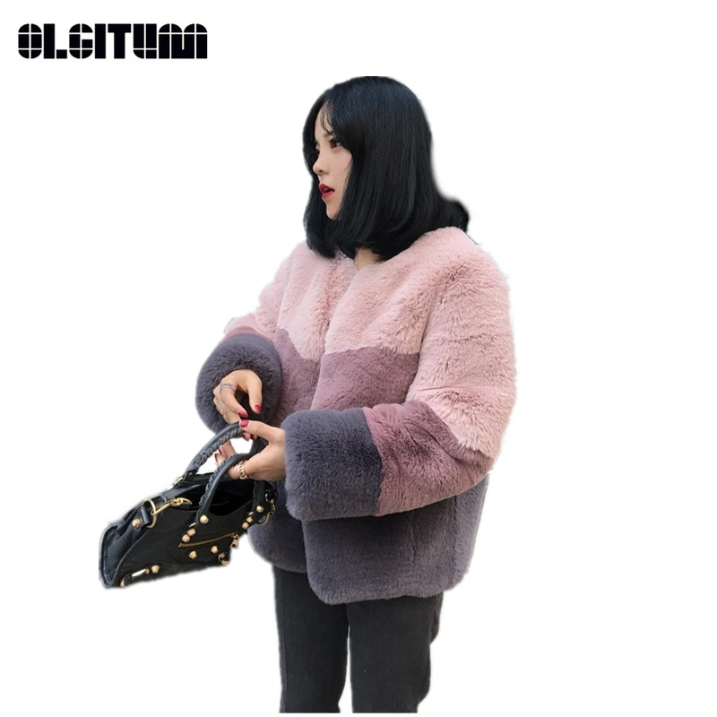 

Popular Fashion Casual New Winter Fake Fur Women Contrst Color 2018 S-2XL Long-sleeved High Quality Short Outwear Pink Purple
