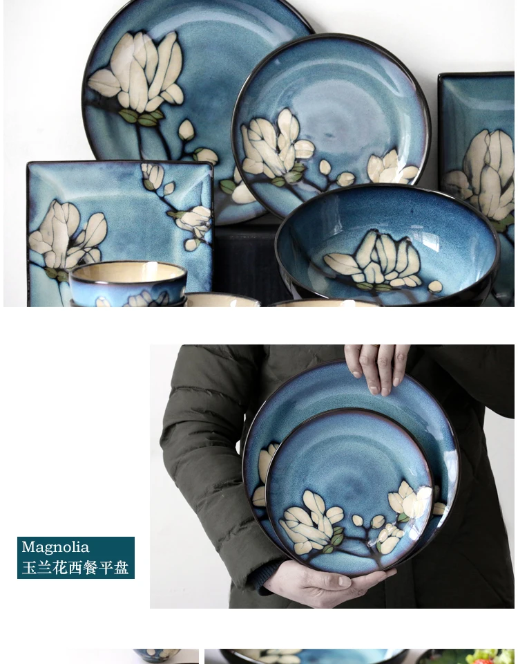 Керамическая тарелка в японском стиле, ручная роспись, рисунок магнолии, винтажная посуда, блюдо для спагетти, блюдце, миска для супа, кружка для кофе и молока