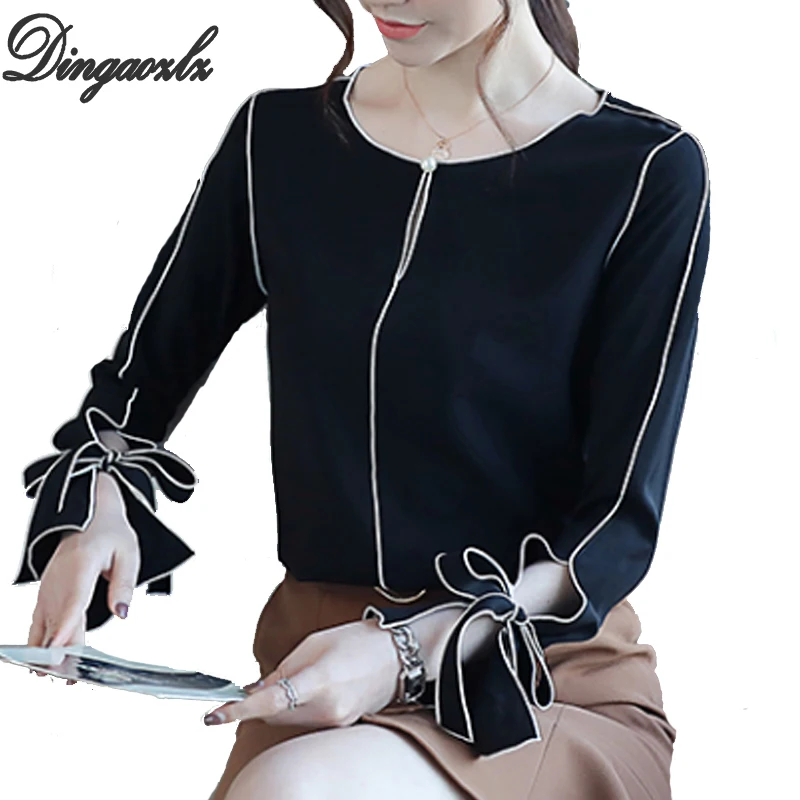 Dingaozlz blusa feminina осенние новые женские топы корейская модная Повседневная рубашка с галстуком-бабочкой белая шифоновая блузка с длинным рукавом