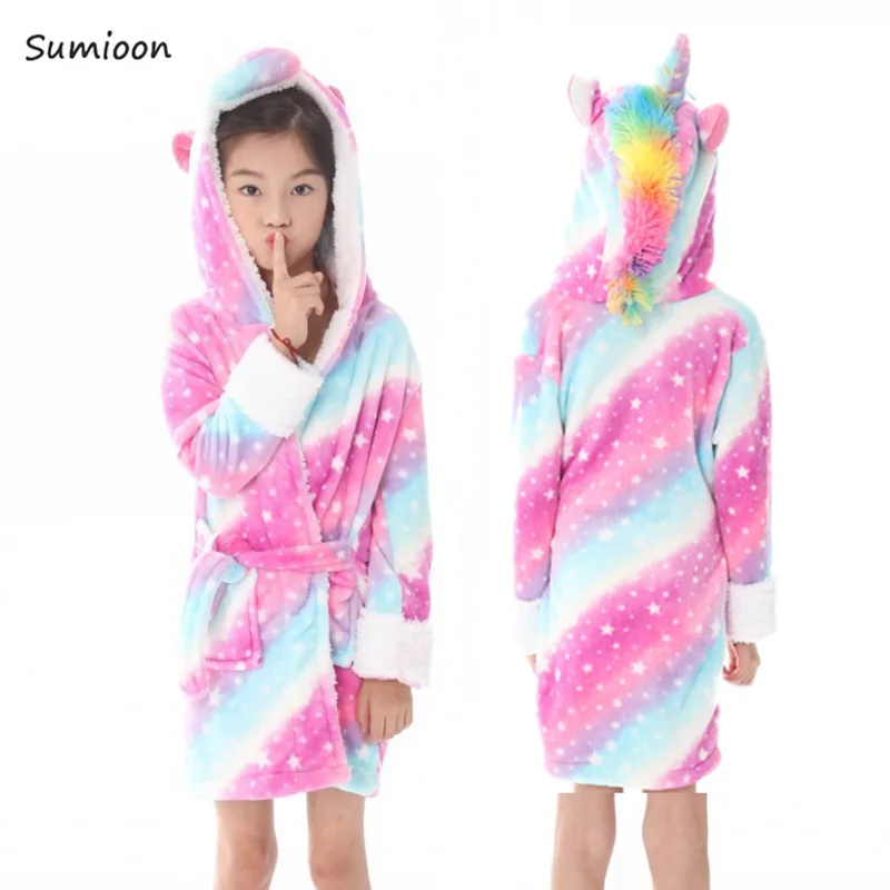 Kigurumi/детский банный халат с единорогом для детей; пижамы для маленьких девочек; банный халат для мальчиков; полотенце с капюшоном; фланелевая одежда для сна с героями мультфильмов; ночное белье - Цвет: Rose Star unicorn