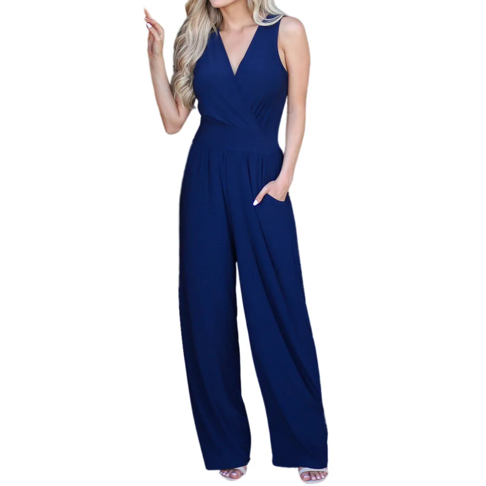 

Women Sexy hight Waist Jumpsuit Backless Rompers Casual V-Neck Solid summer Long Elastic Rompers elegant D.27