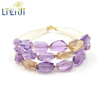 

LiiJi Unique Natural Ametrines Faceted Beads,Freshwater Pearl 925 Sterling Silver Gold Color/Gold Filled Bracelet 3rows Bracelet