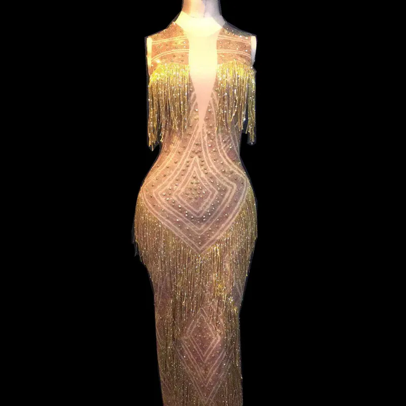 

Sexy Sleeveless Tassel Dresses Singer Evening Performance Tassel Long Dress Gold Rhinestones Fringes Dress Nightclub Stage Wear