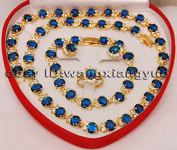 

Fashion Blue Zircon Inlay Link Bracelet earrings Ring Necklace Set Size 6,7,8,9# + box NATURAL Quartz Crystal Women Wedding