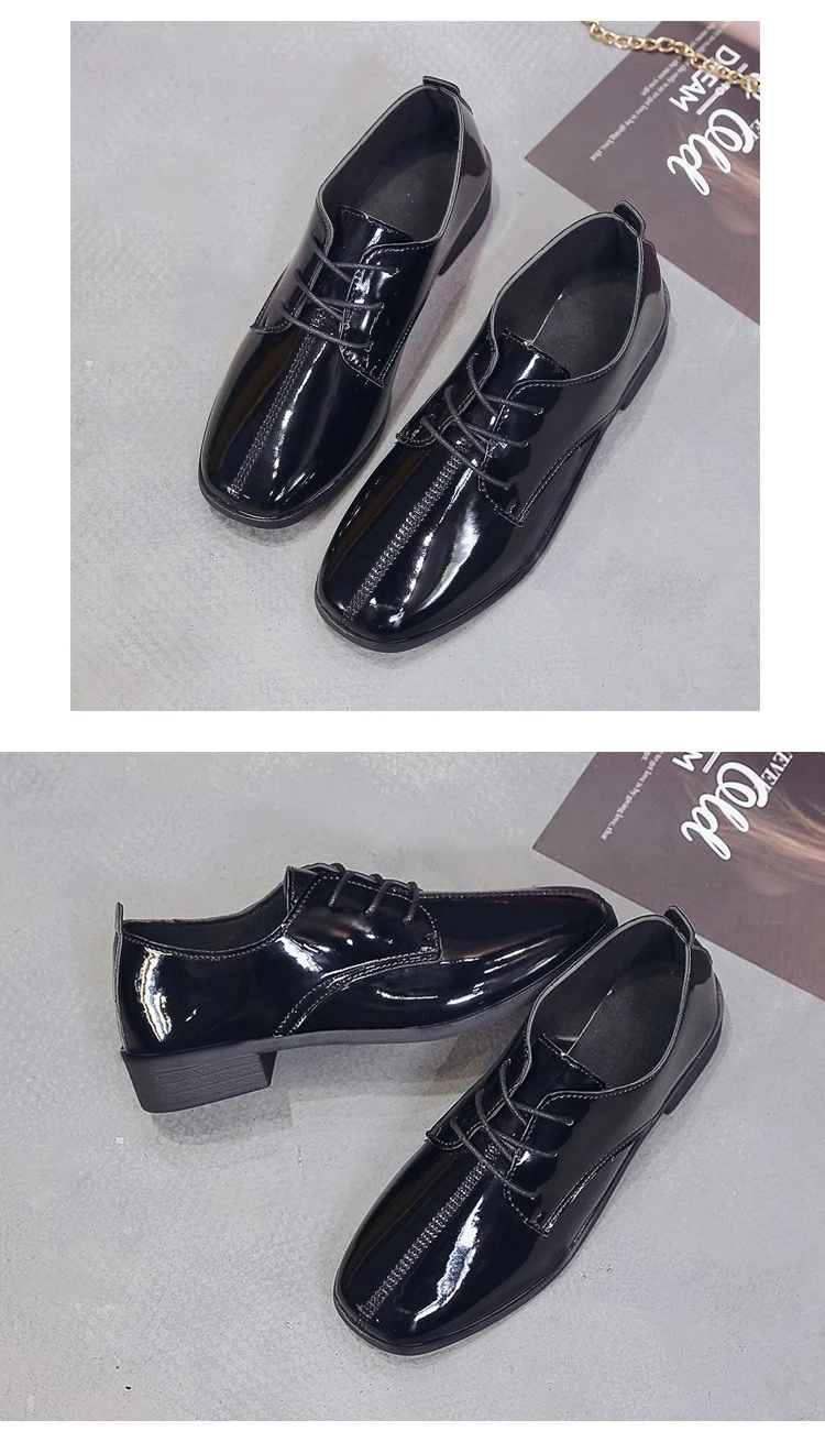 New Black Sneakers Women Shoes Oxfords Female Loafers Flats Patent Leather Slip on Platform Shoes Woman Lace Up Ladies Shoes