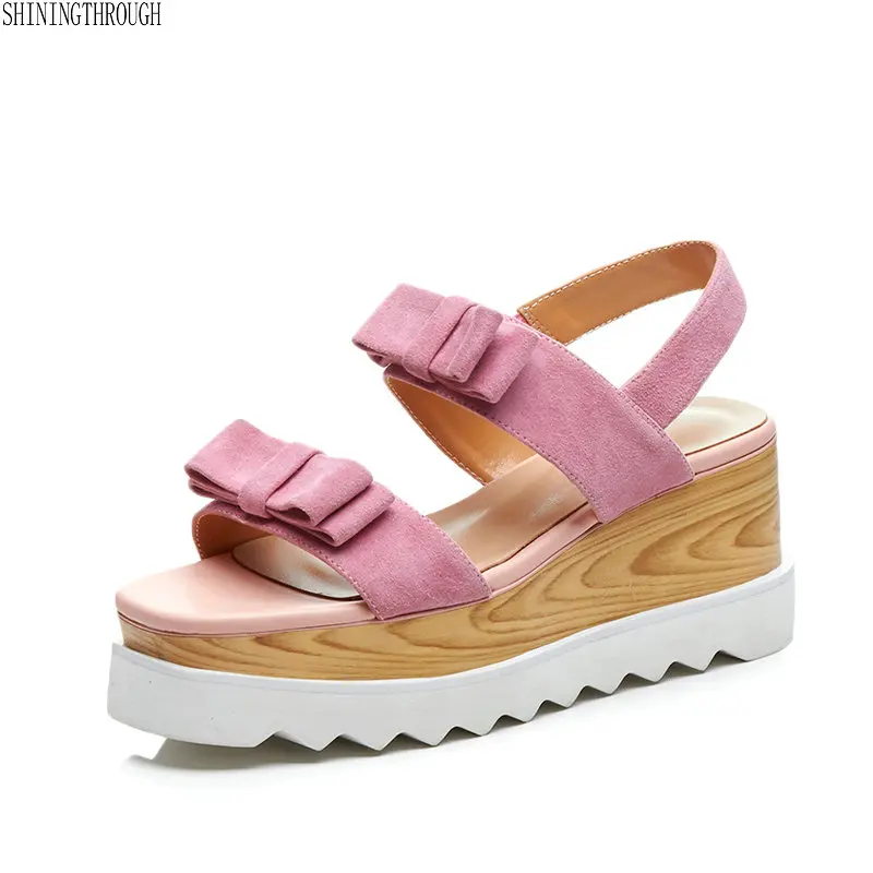 

2018 Summer Platform Sandals Women Genuine Leather Ladies Shoes Wedge Sandals High Heels Natural Suede Fashion Sandals