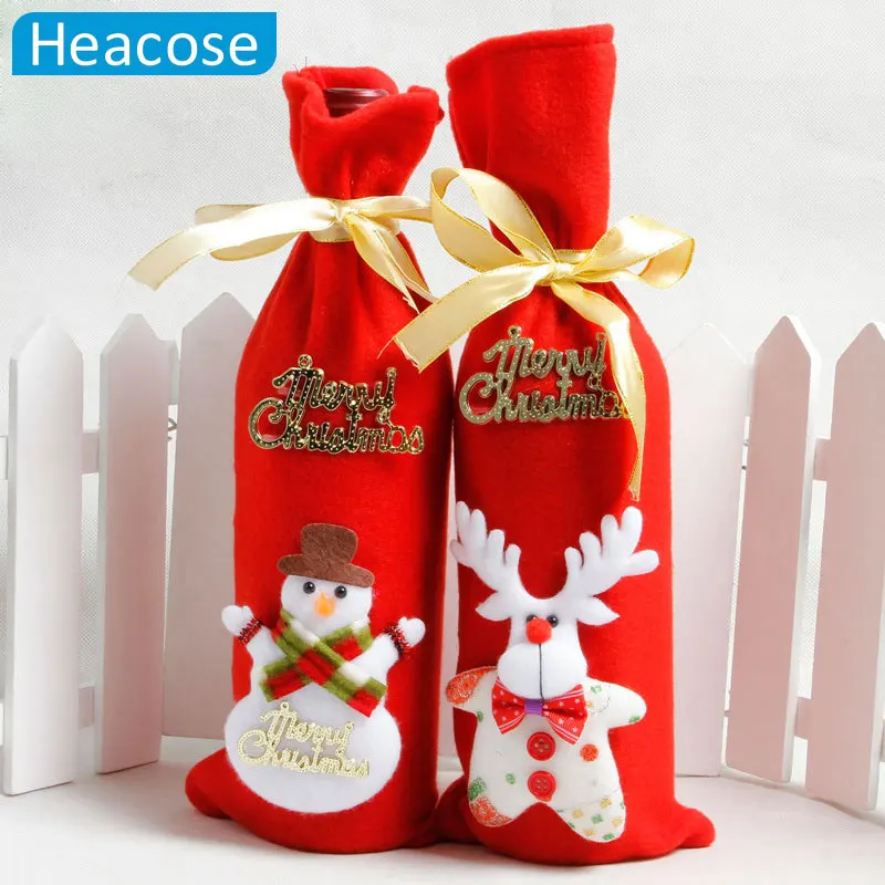 

red 3D wine bottle cover santa claus snowman deer bear handmade Ornament new year Christmas Dinner Table Home party Decor