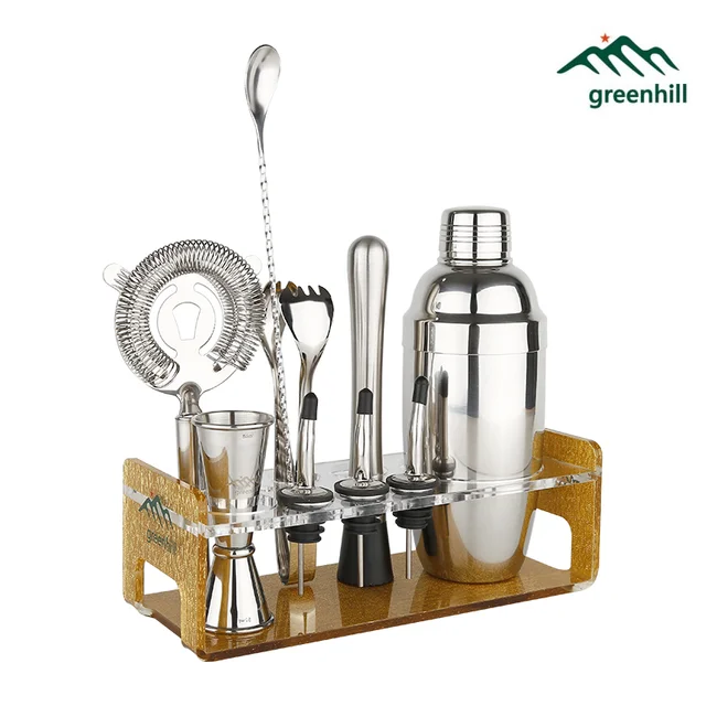 Greenhill Premium Bar Tool Set 10 Pieces Barware Tail Shaker Greenhill Premium Bar Tool Set 10 Pieces Barware Tail Shaker Kit 18 8 Muddler Jigger Spoon Pourer Ice Tong Stand