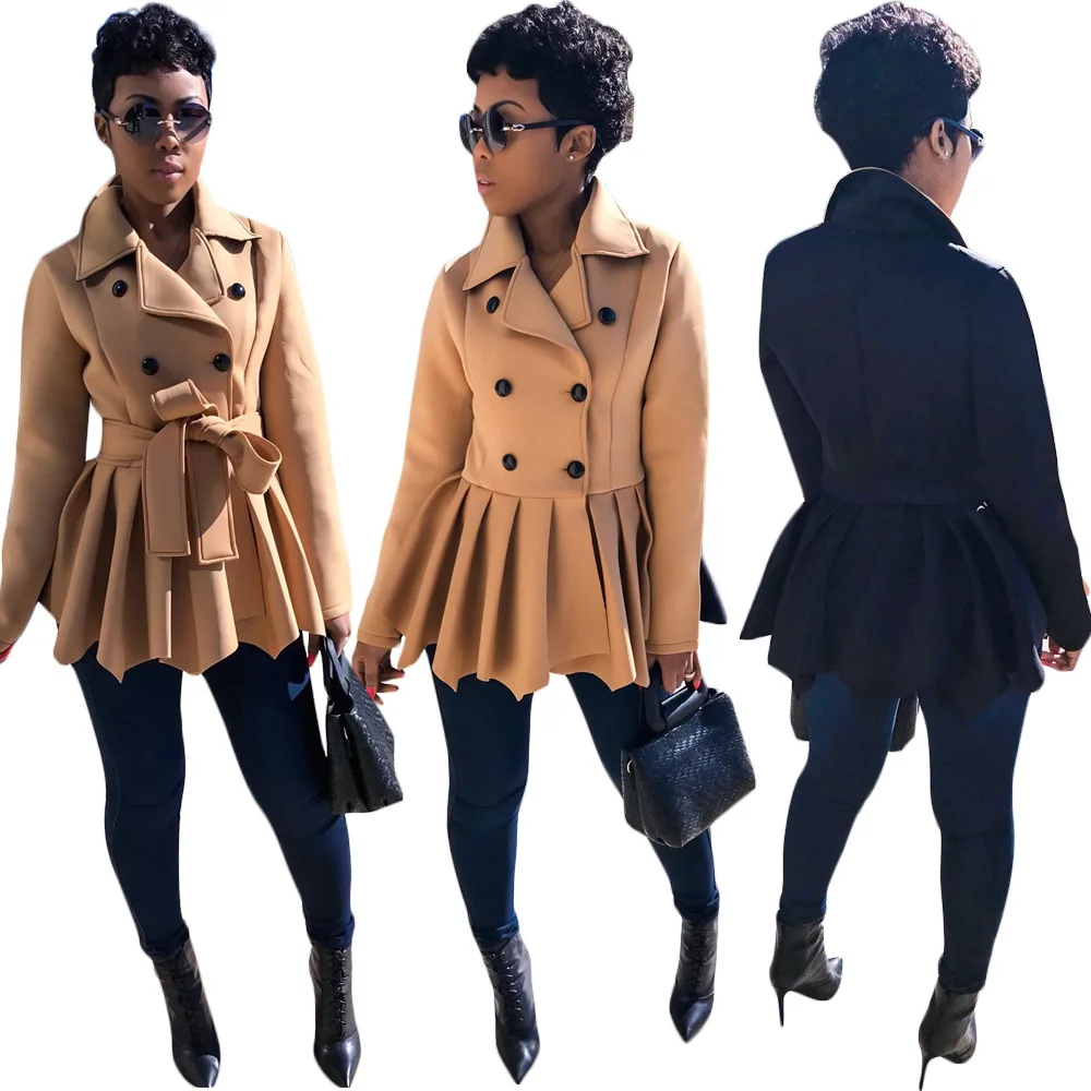 

Women Autumn Winter Long Sleeve Trench Coat Turn Down Collar Double Button Patchwork Jackets