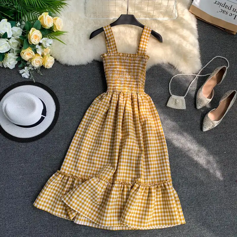 Slim Ladies Ruffles Vintage Plaid Print 2020 Sexy Summer Midi Dress Party Spaghetti Strap Women Casual Beach Elegant Vestidos