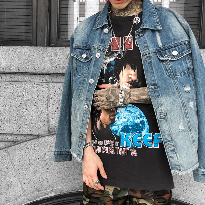 Dark Icon Ripped Siderophere Jeans Jacket Men Turn-down Collar Denim Men's Jackets Hip Hop Jackets
